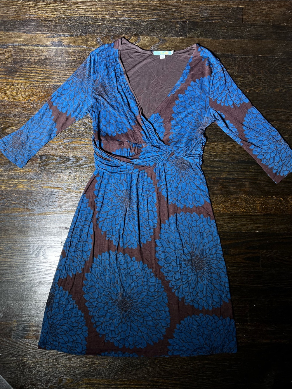 Boden Blue and Brown Floral Jersey Wrap Dress Crossover V-Neck Ruched Waist 12